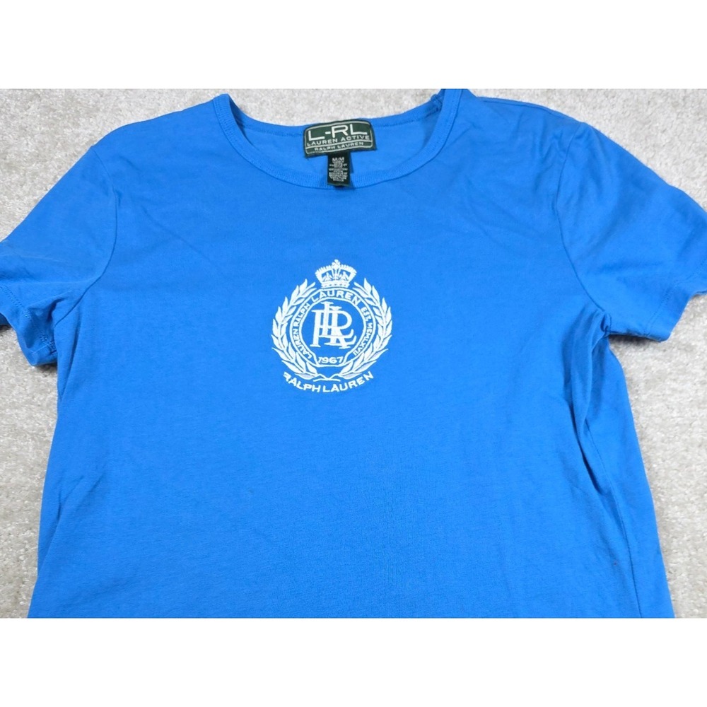 Polo Ralph Lauren T-Shirt Womens Size M Blue Knit Luxury Y2K Centre Logo Vintage